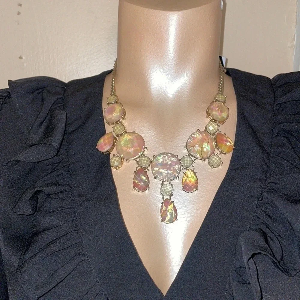 Women’s necklace statement bauble Gold iridescent stone chunky dangle costume